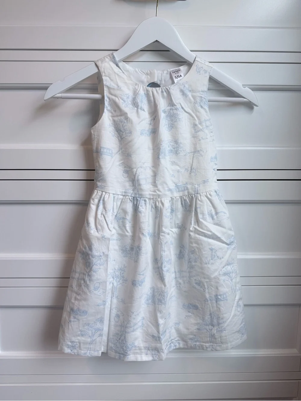 Carter's White Dress with Light Blue Scenic Print - Girls (5/5A)